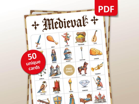 Medieval Bingo, 50 Bingo Cards, Middle Ages Party Game, World History Classroom Activity, Knight Bingo, Teacher Historical Printable