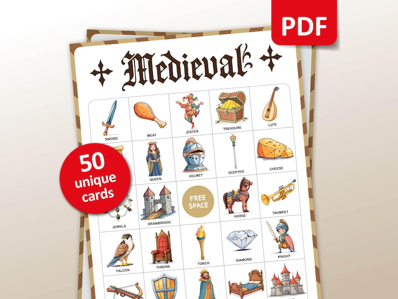 Medieval bingo is a great party game for kids. Middle Ages World History theme. Perfect school activity for teachers. Printable bingo cards as digital download and pre-filled. With knight, king, queen, jetser, battles, castles etc.