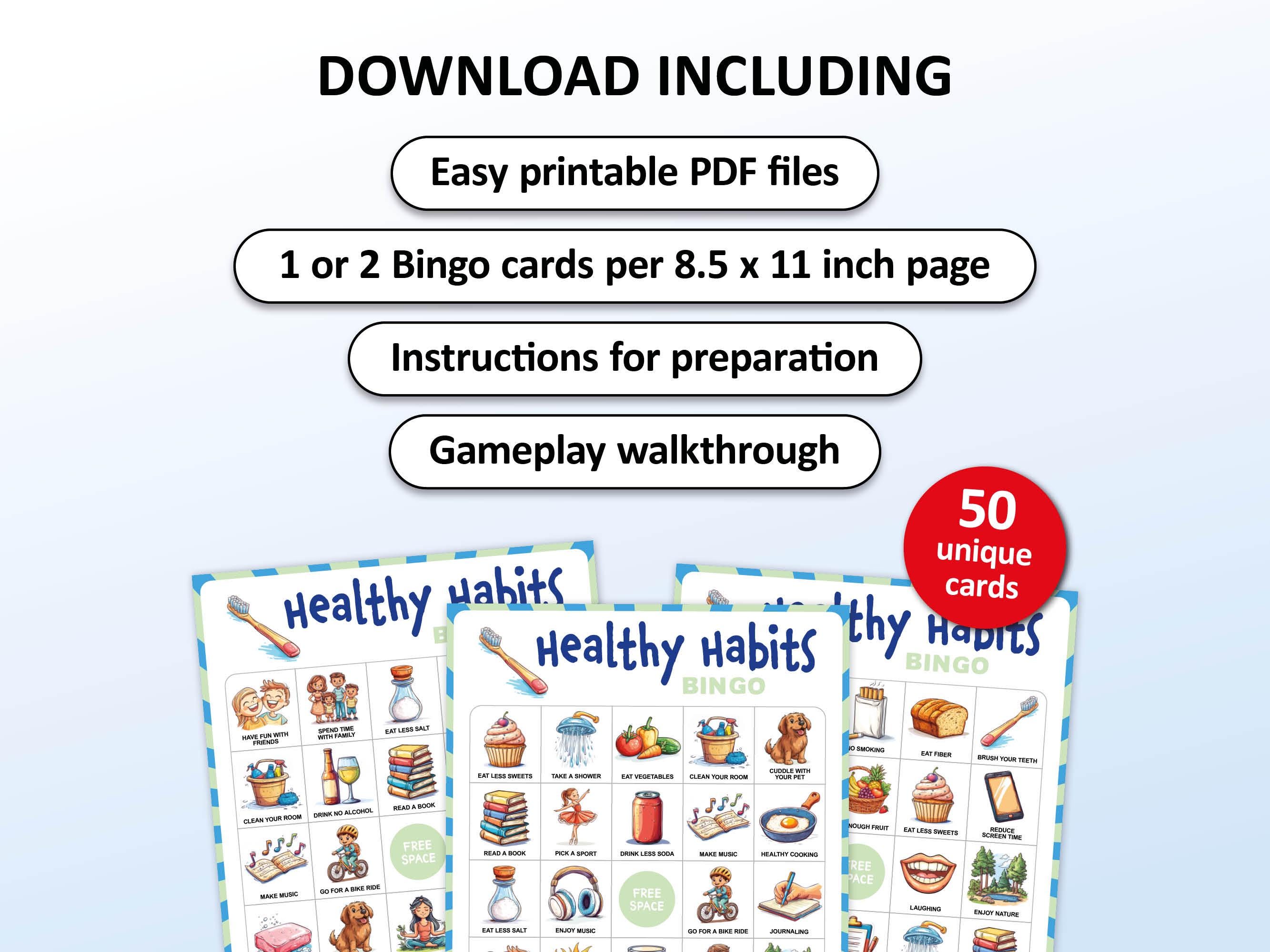 Healthy Habits Bingo, 50 Bingo Cards, Kids Health Printable Party Game ...