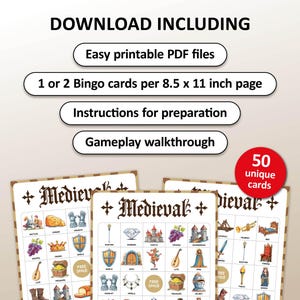 Medieval bingo is a great party game for kids. Middle Ages World History theme. Perfect school activity for teachers. Printable bingo cards as digital download and pre-filled. With knight, king, queen, jetser, battles, castles etc.