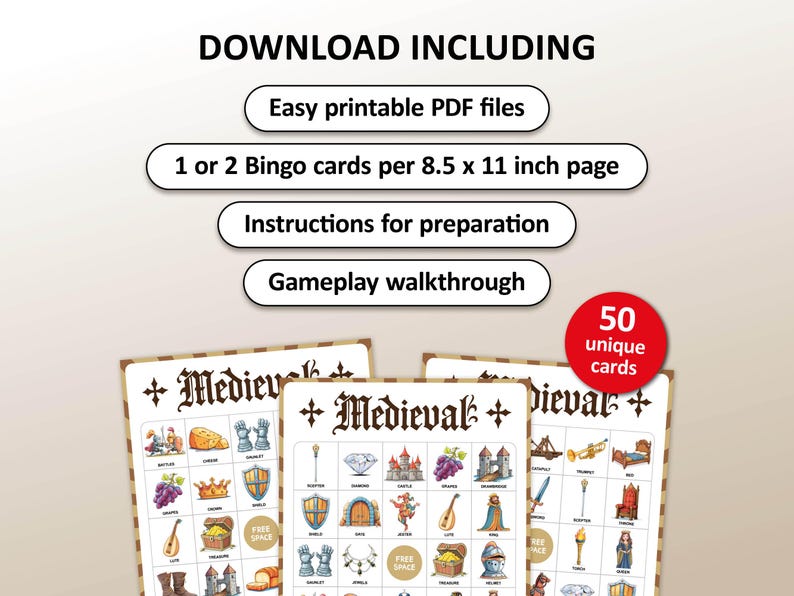 Medieval bingo is a great party game for kids. Middle Ages World History theme. Perfect school activity for teachers. Printable bingo cards as digital download and pre-filled. With knight, king, queen, jetser, battles, castles etc.