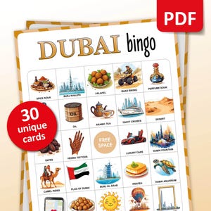 Gra w bingo w Dubaju, 30 kart bingo w Dubaju, zajęcia wakacyjne w podróży, gra tematyczna na imprezę w Dubaju dla dorosłych i dzieci, prezent do wydrukowania