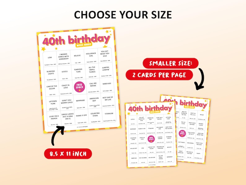 40th Birthday Music bingo party game with the best 70s, 80s, 90s, 00s, 10s, 20s hits. Perfect as a birthday party, friends game night, pub crawl, bar activity for your fortieth birthday. Including Spotify Playlist with the songs on the bingo cards. Digital download.