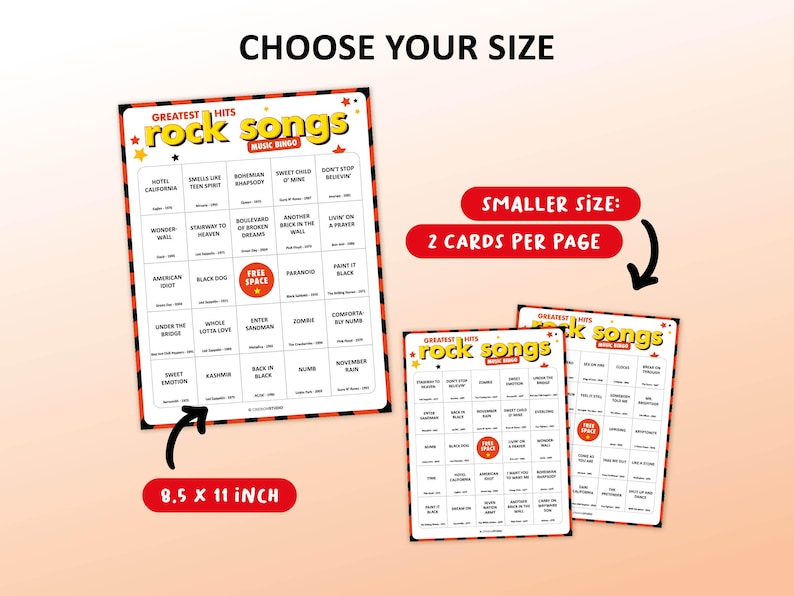 Rock Music bingo party game with the best 70s, 80s, 90s, 00s rock songs. Perfect as a birthday party, friends game night, pub crawl, bar activity or office party. Including Spotify Playlist with all the songs from the bingo cards. Printable download