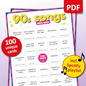 Jaren 90 liedjes muziekbingo, 100 bingokaarten + Spotify-afspeellijst, verjaardagsfeestje, vrijgezellenfeest jaren 90, activiteit vriendenbar, familiereünie