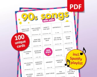 90s Songs Music Bingo, 100 Bingo Cards + Spotify Playlist, Birthday Party Game, 90&#39;s Bachelorette, Friends Bar Activity, Family Reunion