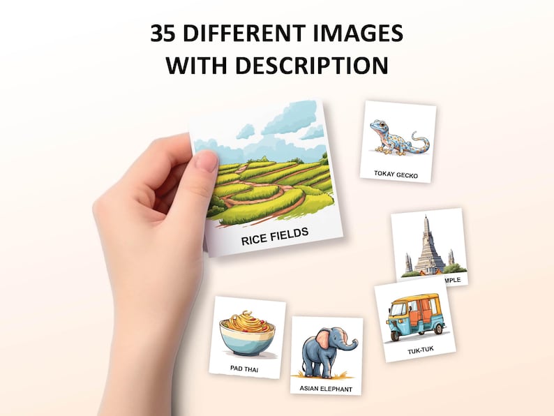 Puede incluir: Un conjunto de 35 tarjetas ilustradas que presentan diversos aspectos de la cultura tailandesa, como campos de arroz, un tuk-tuk, un elefante, pad thai y un templo. Cada tarjeta tiene una ilustraci&oacute;n colorida y una etiqueta descriptiva.