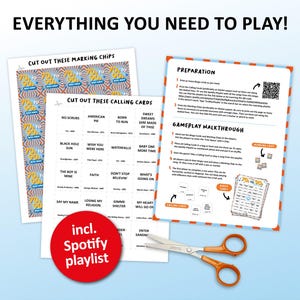 Music bingo party game with the best 70s, 80s and 90s songs. Perfect as a birthday party, friends game night, pub crawl, bar activity or office party. Including Spotify Playlist with the songs mentioned in the bingo cards. Printable digital download.