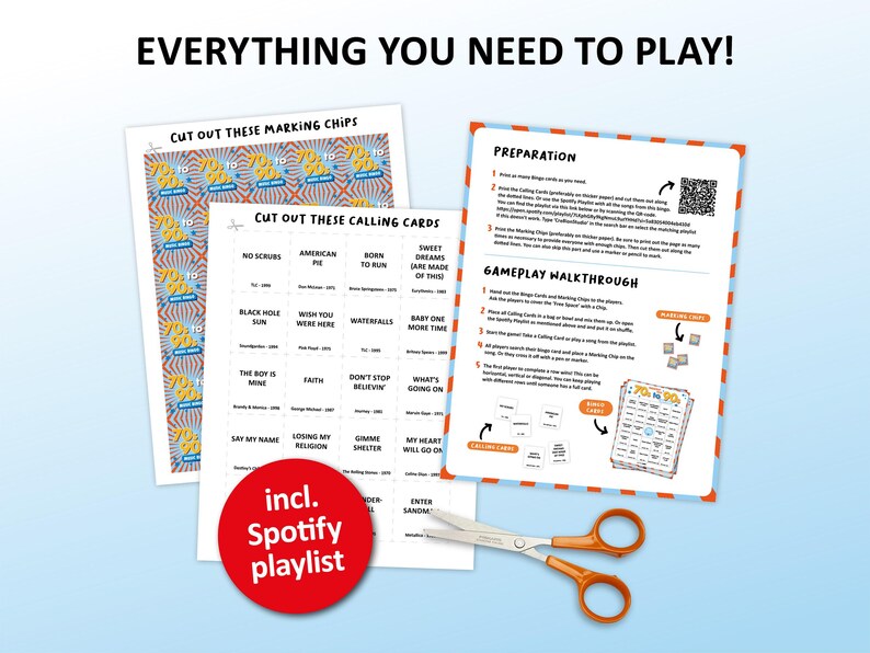 Music bingo party game with the best 70s, 80s and 90s songs. Perfect as a birthday party, friends game night, pub crawl, bar activity or office party. Including Spotify Playlist with the songs mentioned in the bingo cards. Printable digital download.