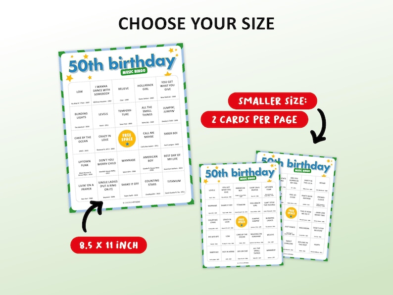 50th Birthday Music bingo party game with the best 70s, 80s, 90s, 00s, 10s, 20s hits. Perfect as a birthday party, friends game night, pub crawl, bar activity for your fiftieth birthday. Including Spotify Playlist with the songs on the bingo cards. Digital download.