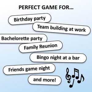 May include: A blue background with white text boxes listing different occasions for playing a game. The text boxes read: Birthday party, Team building at work, Bachelorette party, Family Reunion, Bingo night at a bar, Friends game night, and more!  A black musical note symbol is in the lower right corner.