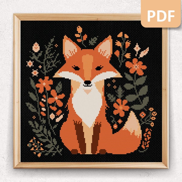 Forest Animals Fox Counted Cross Stitch Pattern, Small Easy Floral Cross Stitch Pattern, Beginners Instant Download PDF Chart, Cottagecore