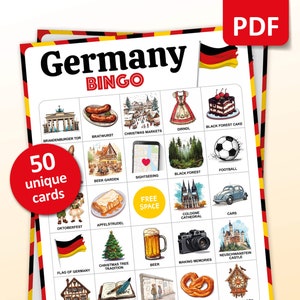 Duitsland Travel Bingo Game, 50 Bingokaarten, Europa Travel Trip Vakantie Activiteit, Duits Thema Party Game voor volwassenen en kinderen, Afdrukbaar cadeau