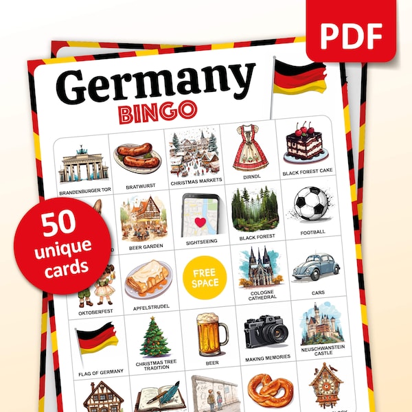 Germany Travel Bingo Game, 50 Bingo Cards, Europe Travel Trip Vacation Activity, German Theme Party Game for Adults and Kids, Printable Gift