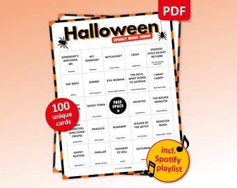Bingo musical de Halloween, 100 cartones de bingo + lista de reproducción de Spotify, juego de fiesta de la temporada de Halloween, fiesta de oficina, actividad de bar en bar, reunión familiar