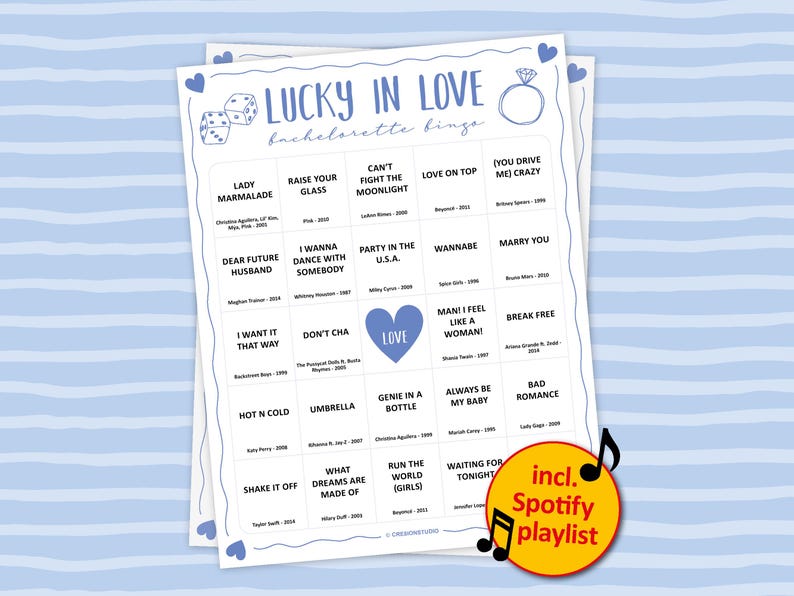 This Las Vegas Bachelorette Party Music Bingo is the perfect party game to play at a girls hen night with all of your friends. Lucky in Love is a great theme. The party songs are great for a fun night with team bride. Digital download so you can print the files directly after purchase.