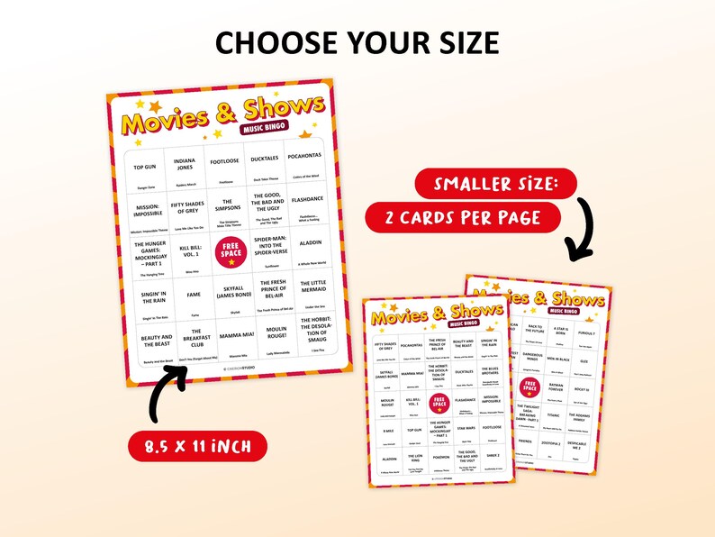 Movie & TV Show Music Bingo party game featuring the most iconic film soundtracks, television theme songs and blockbuster movie hits. Perfect for movie nights, TV series marathons, family game nights, birthday parties and friends gatherings. Includes famous songs from cult classics, sitcoms, dramas and musicals. Including Spotify playlist with all soundtrack and theme songs on the bingo cards. Printable digital download.