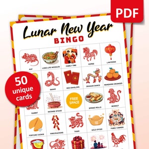 Lunar New Year Bingo, 50 Chinese New Year Bingokarten, Partyspiel für Kinder und Erwachsene, Lunar New Year 2025 Aktivitäten, druckbare Spiele