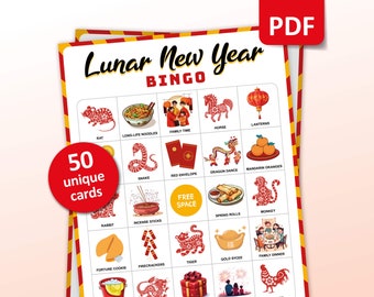 Lunar New Year Bingo, 50 Chinese New Year Bingo Cards, Party Game for Kids and Adults, Lunar New Year 2026 Activities, Printable Games