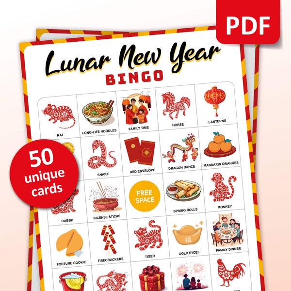 Lunar New Year Bingo, 50 Chinese New Year Bingo Cards, Party Game for Kids and Adults, Lunar New Year 2025 Activities, Printable Games