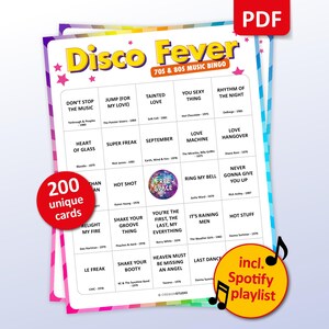 Music bingo party game with the best, 70s, 80s, Disco songs. Perfect as a birthday party, bachelorette party, friends game night, pub crawl, bar activity or office party. Including Spotify Playlist with the songs of the bingo cards. Printable digital download.