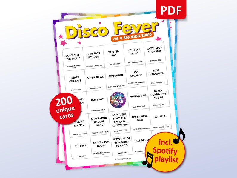 Music bingo party game with the best, 70s, 80s, Disco songs. Perfect as a birthday party, bachelorette party, friends game night, pub crawl, bar activity or office party. Including Spotify Playlist with the songs of the bingo cards. Printable digital download.