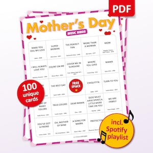 Bingo Musical para o Dia das Mães, 100 Cartelas de Bingo + Playlist do Spotify, Jogo de Festa para o Dia das Mães com Músicas dos Anos 80 e 90, Atividade para Reunião de Família, Cantoria sobre Maternidade