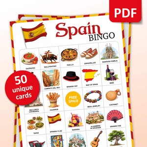 Spanje Reizen Bingospel, 50 Spanje Bingokaarten, Reisvakantie Activiteiten, Spaans Themafeestspel voor volwassenen en kinderen, Afdrukbaar cadeau