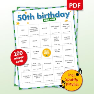 50th Birthday Music bingo party game with the best 70s, 80s, 90s, 00s, 10s, 20s hits. Perfect as a birthday party, friends game night, pub crawl, bar activity for your fiftieth birthday. Including Spotify Playlist with the songs on the bingo cards. Digital download.