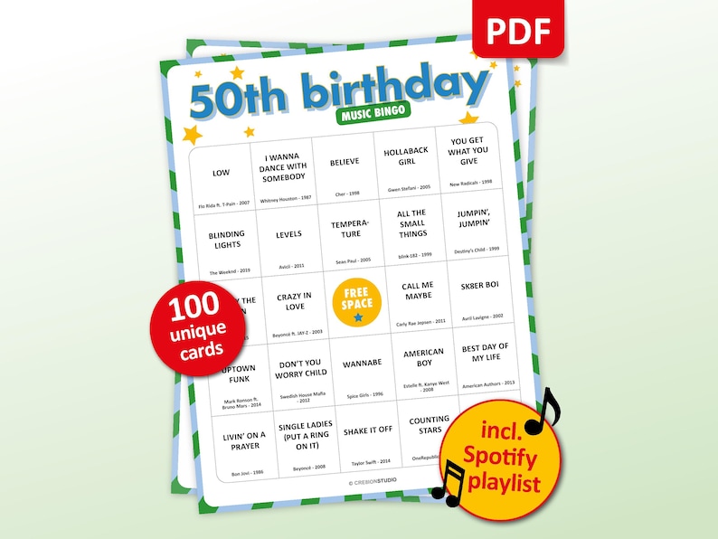 50th Birthday Music bingo party game with the best 70s, 80s, 90s, 00s, 10s, 20s hits. Perfect as a birthday party, friends game night, pub crawl, bar activity for your fiftieth birthday. Including Spotify Playlist with the songs on the bingo cards. Digital download.