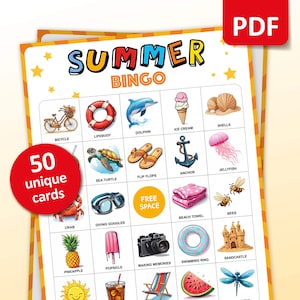 Zomerbingo, 50 zomerbingokaarten, verjaardagsactiviteiten, feestspel voor kinderen en volwassenen, vakantieseizoen klasactiviteit, leren afdrukbaar