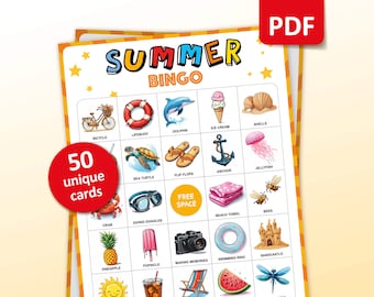 Bingo de verano, 50 cartones de bingo de verano, actividades de cumpleaños, juego de fiesta para niños y adultos, actividad para el aula durante las vacaciones, material didáctico imprimible.