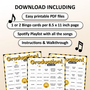 Graduation Music bingo party game with the best, recent songs. Perfect as a graduation party game for a collage student. Including Spotify Playlist with the songs of the bingo cards. Printable digital download.
