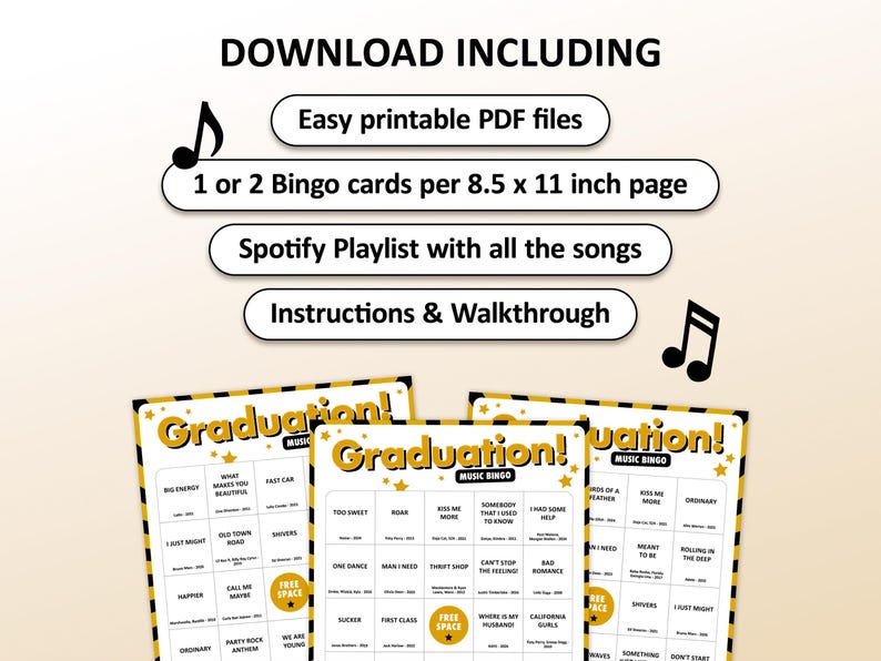 Graduation Music bingo party game with the best, recent songs. Perfect as a graduation party game for a collage student. Including Spotify Playlist with the songs of the bingo cards. Printable digital download.