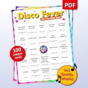 Bingo com Música Disco, 100 Cartelas de Bingo + Playlist do Spotify, Jogo para Festa de Aniversário, Jogos para Noite das Meninas, Atividades de Team Building com Tema dos Anos 70 e 80, Atividade para Bar com Amigos