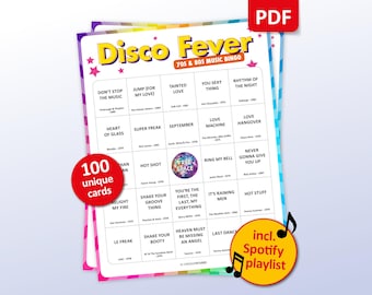 Disco Music Bingo, 100 Bingo Cards + Spotify Playlist, Birthday Party Game, Ladies Night Games, 70s 80s Teambuilding, Friends Bar Activity