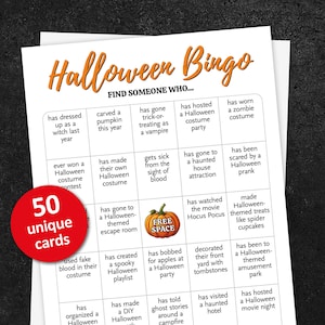 Halloween Bingo für Erwachsene, druckbare Halloween-Partyspiele, Finde die Gastaktivität, Mix and Mingle 50 Bingokarten, lustige Familienaktivitäten