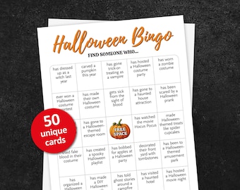 May include: A Halloween Bingo card game with 50 unique cards. The card has a grid of 25 squares with different Halloween-themed activities to find someone who has done.  The card has a red circle with the text "50 unique cards".