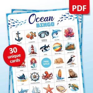 Oceaanbingo, 30 zeebingokaarten, verjaardagsactiviteiten, onderwaterfeestspel voor kinderen, activiteiten in de oceaan, afdrukbare games