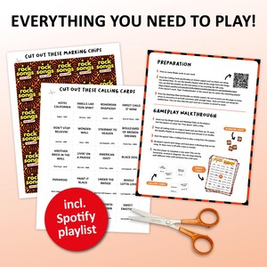 Rock Music bingo party game with the best 70s, 80s, 90s, 00s rock songs. Perfect as a birthday party, friends game night, pub crawl, bar activity or office party. Including Spotify Playlist with all the songs from the bingo cards. Printable download