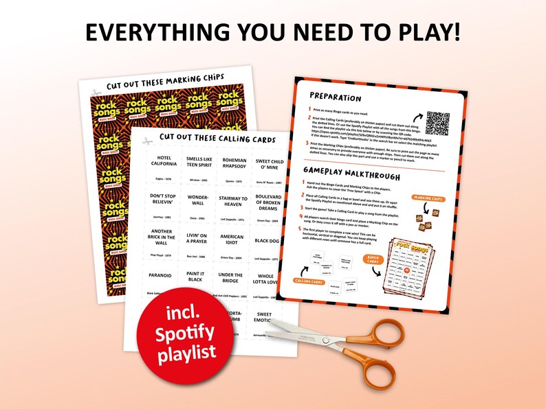 Rock Music bingo party game with the best 70s, 80s, 90s, 00s rock songs. Perfect as a birthday party, friends game night, pub crawl, bar activity or office party. Including Spotify Playlist with all the songs from the bingo cards. Printable download