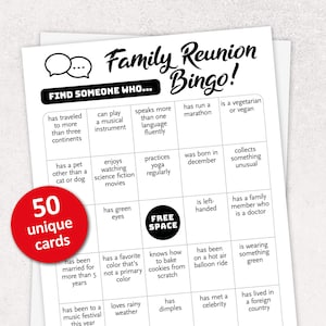 Familiereünie Bingo, 50 Maak kennis met u Bingokaarten, Familiebijeenkomst Party Game, Vind de gastactiviteit, Familiereüniespellen Afdrukbaar
