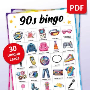 Bingo per feste anni '90, 30 cartelle bingo uniche, divertente gioco per feste anni '90, attività stampabile, addio al nubilato anni '90, serata di giochi estetici anni '90