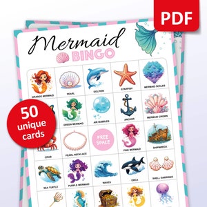 Mermaid Bingo, 50 Mermaid Bingo Cards, Birthday Activities, Kids Mermaid Party Game, Siren Fairytale Classroom Activities, Printable Games