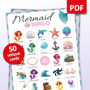Meerjungfrau Bingo, 50 Meerjungfrau Bingo Karten, Geburtstagsaktivitäten, Kinder Meerjungfrau Partyspiel, Sirene Märchen Klassenzimmer Aktivitäten, druckbare Spiele