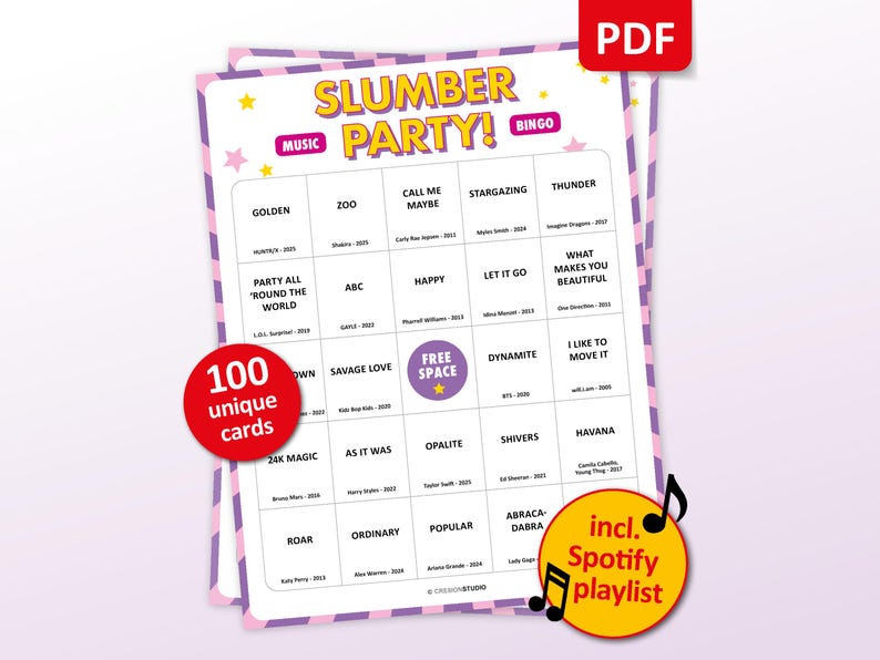 Music bingo party game with the best recent 10s, 20s hits. Perfect as a sleepover birthday party, slumber party or friends game night. Including Spotify Playlist with the songs on the bingo cards. Digital download that is easy to print. Sleepover printable.