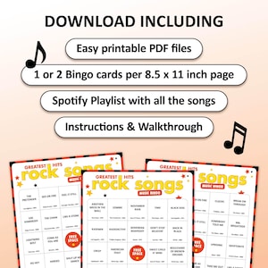 Rock Music bingo party game with the best 70s, 80s, 90s, 00s rock songs. Perfect as a birthday party, friends game night, pub crawl, bar activity or office party. Including Spotify Playlist with all the songs from the bingo cards. Printable download