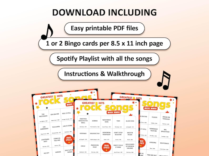 Rock Music bingo party game with the best 70s, 80s, 90s, 00s rock songs. Perfect as a birthday party, friends game night, pub crawl, bar activity or office party. Including Spotify Playlist with all the songs from the bingo cards. Printable download