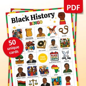 Bingo sur l'histoire des Noirs, 50 cartes de bingo, jeu de société pour le mois de l'histoire des Noirs, activité en classe du 17 juin, bingo à l'école des enseignants pour enfants