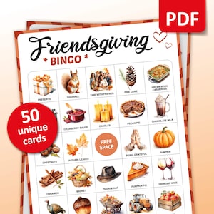 Jeu de bingo Friendsgiving, 50 cartes de bingo Friendsgiving, activités de Thanksgiving, jeu de fête entre amis, jeux pour adultes et adolescents, imprimable